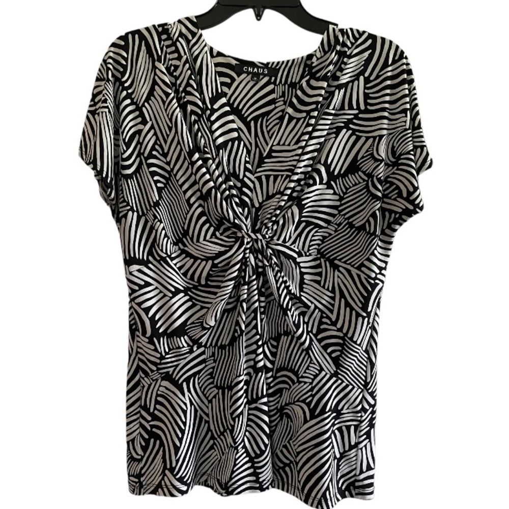 #30 CHAUS | Black & White Career Blouse V-neck Cap Sleeve Top | Size Medium